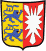 Dt Wappen vun Sleswig-Holsteen - rechts dat Nettelblatt för Holsteen
