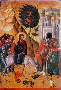 Jesus ried in Jerusalem in. Ikone ut't Kloster Athos. Klick op to'n Vergröttern!