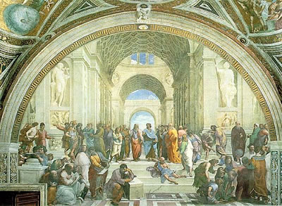 "De School vun Athen", en Fantasie-Tosamenkumst vun alle mööglichen Philosophen un Paulus, maalt vun Raffael